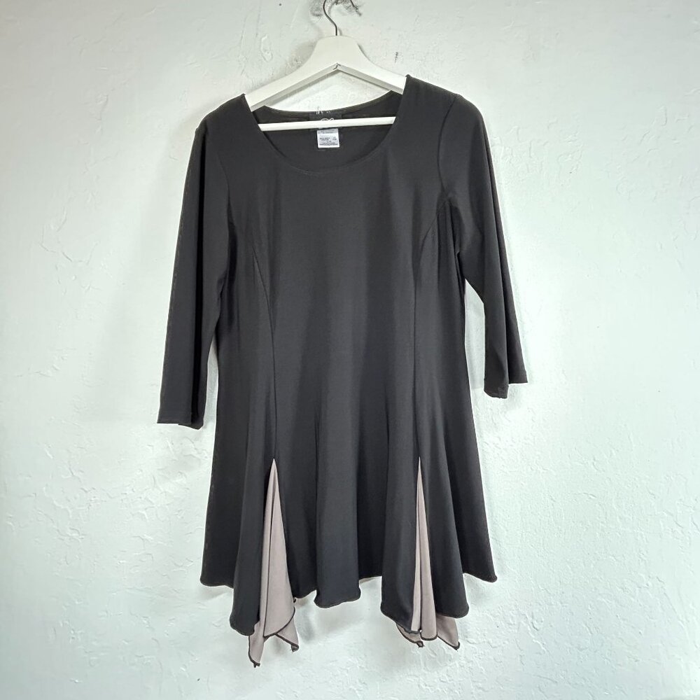 Libra Womens Black Taupe Asymmetric Swing Hem Tunic Top Large 3/4 Sleeve Stretch